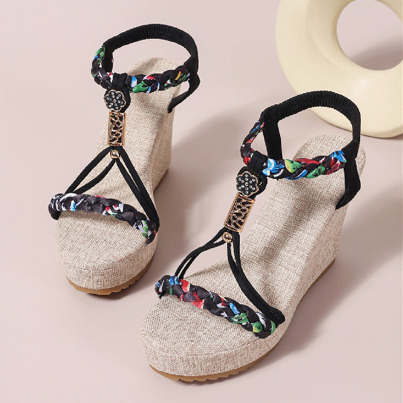 Women's Beaded T Strap Espadrille Wedge Sandals | Platform Peep Toe Summer Shoes | noémi