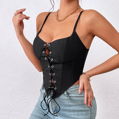 Slim Lace Up Corset Top with Boning & Button Detail | noémi