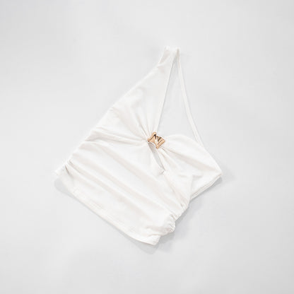 One Shoulder Cutout Top with Gold Ring | White Slim Fit Summer Tank | noémi