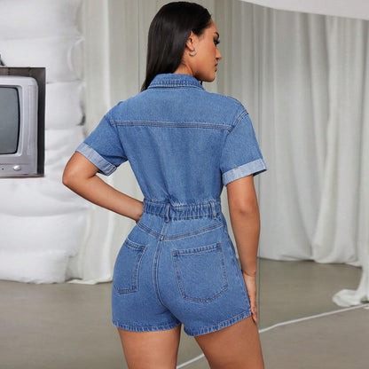 Denim Collared Short Sleeve Belted Romper | noémi
