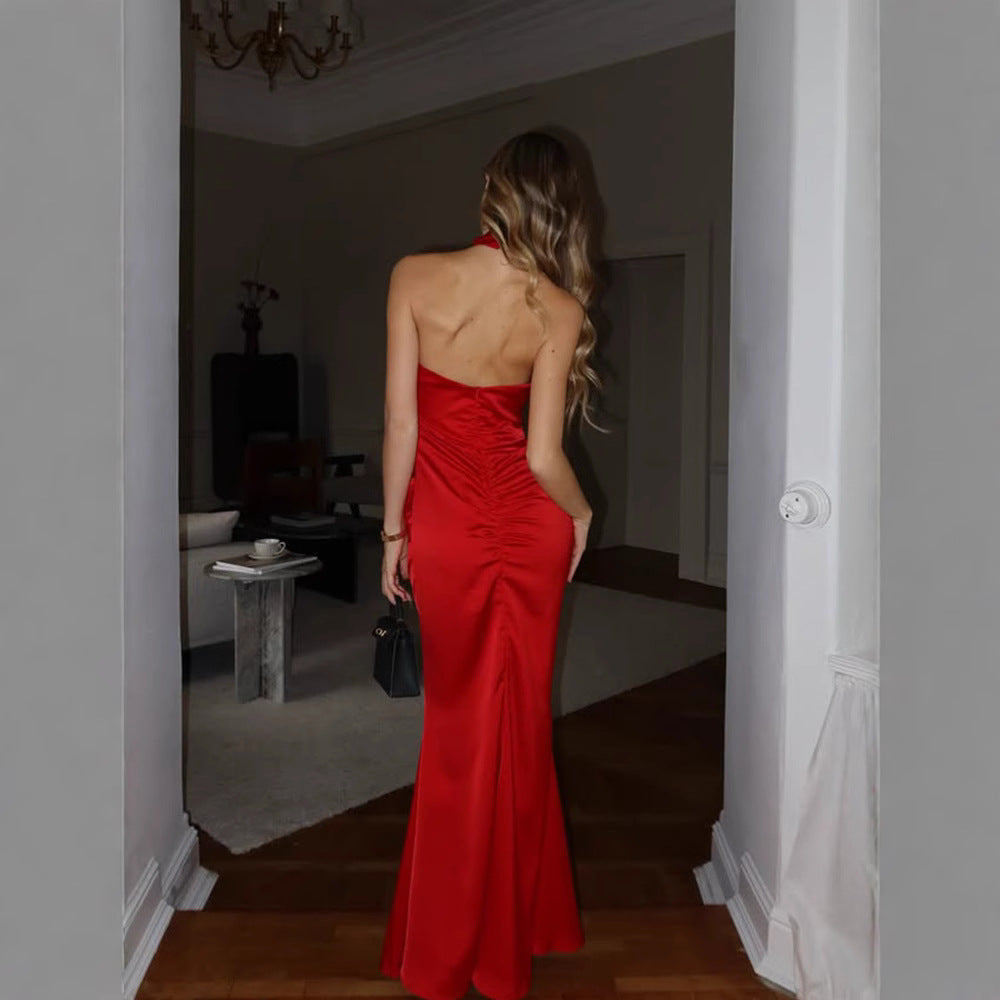 Satin Fishtail Dress | Sleeveless Halter Slim Fit Backless Gown | noémi
