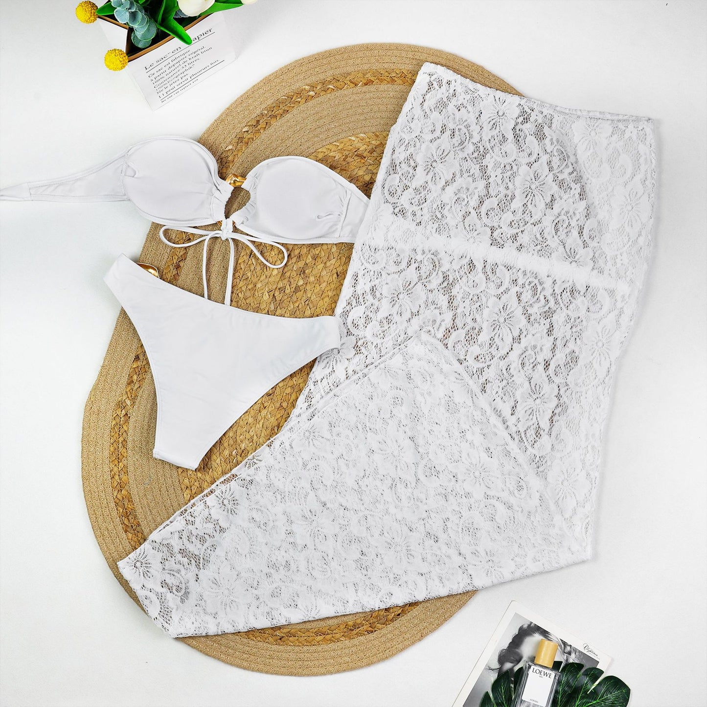 Tube Top Metal Buckle Bikini with Lace Maxi Dress Three Piece Set for Women | noémi