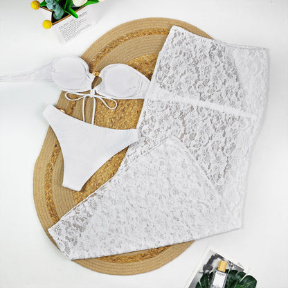 Tube Top Metal Buckle Bikini with Lace Maxi Dress Three Piece Set for Women | noémi