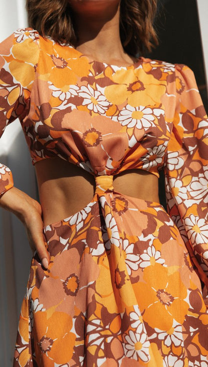 Womens Floral Printed Cropped Backless Dress with Lantern Sleeves | noémi