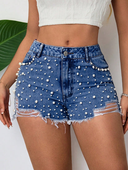 Belted Pearl Embellished Denim Shorts for Women | noémi