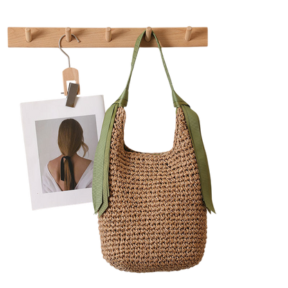 Straw Ribbon-Shoulder Tote Bag – Large Capacity Beach Carryall, Natural/Blue | noémi