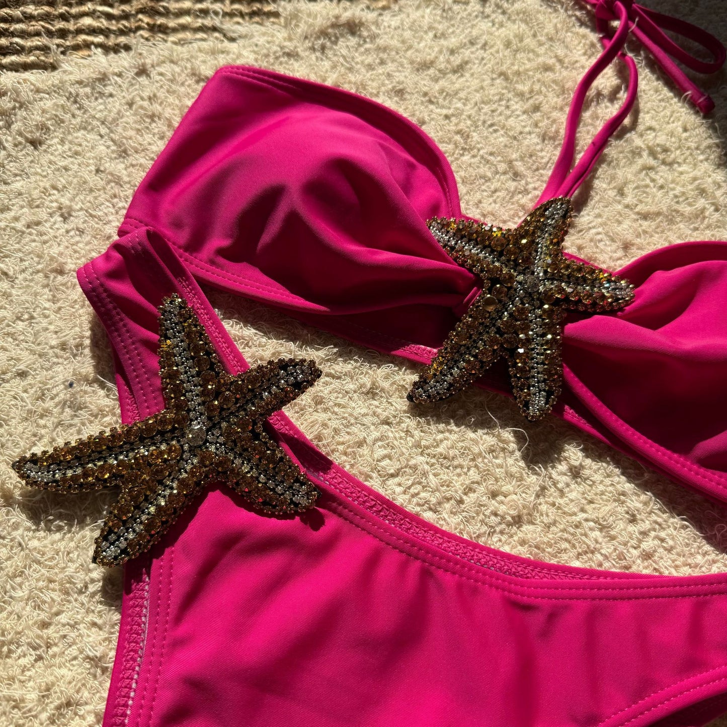 Solid Color Starfish Cloth Embroidered Lacing Split Swimsuit Bikini | noémi