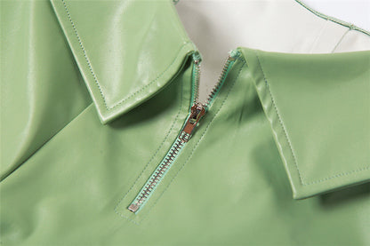 Womens Faux Leather Two Piece Set | Collar Crop Vest High Waist Straight Leg | noémi