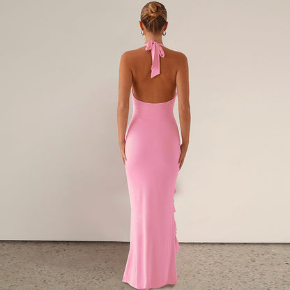 Womens V Neck Halter Dress with Split Back Detail | noémi
