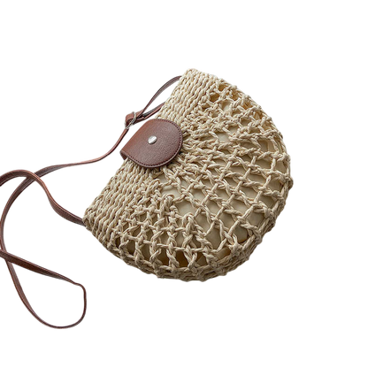 Straw Half-Moon Crossbody Bag – Hollow-Out Woven, Brown | noémi
