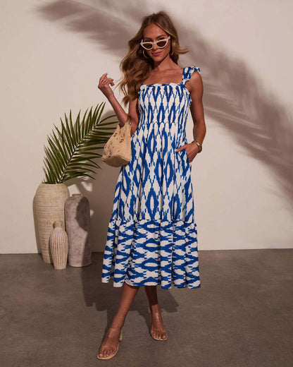 Printed Square Neck Swing Dress | Pleated with Adjustable Straps | noémi