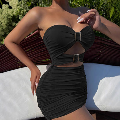 Womens Slim Fit Off Shoulder Cutout Tube Dress | Solid Color with Patchwork Detail | noémi