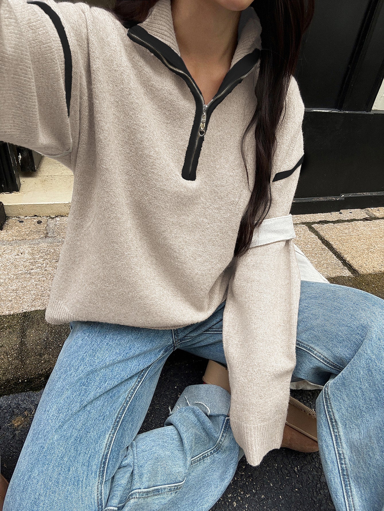 Zipper Sweater for Women | Casual Solid Color Long Sleeve Knit Pullover | noémi