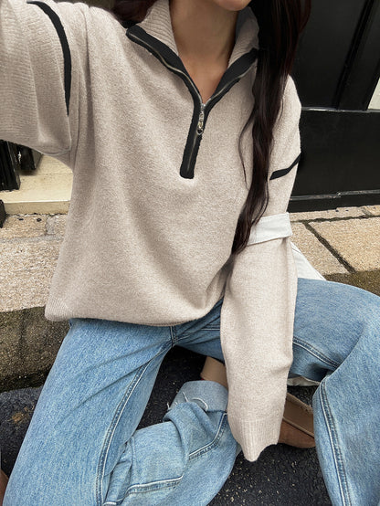 Zipper Sweater for Women | Casual Solid Color Long Sleeve Knit Pullover | noémi