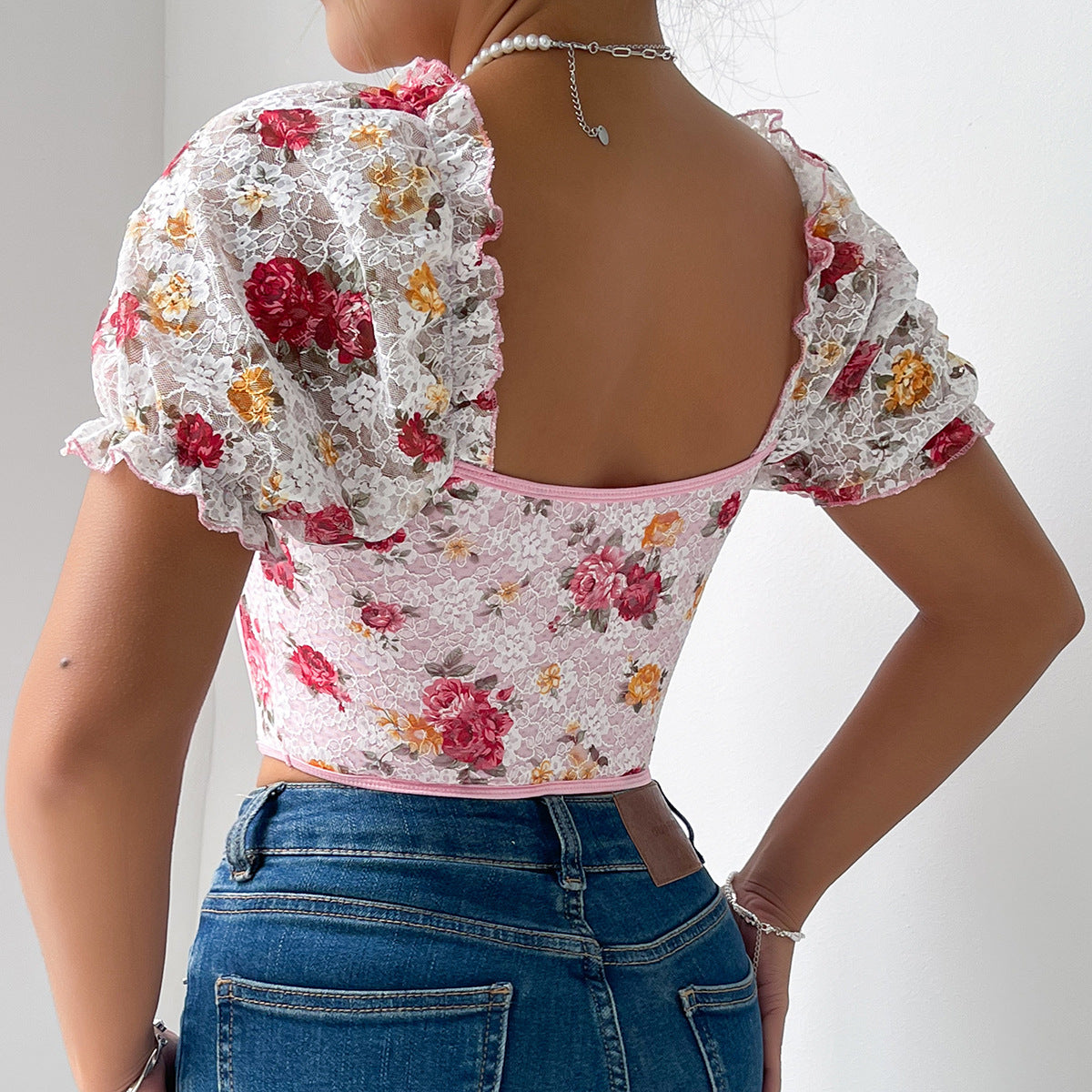Women’s Floral Embroidered Puff Sleeve Corset Top | Lace Up Bustier Crop Blouse | noémi