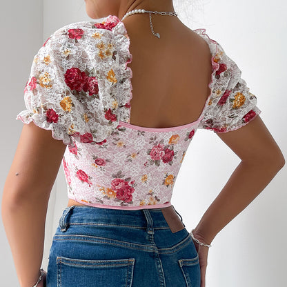 Women’s Floral Embroidered Puff Sleeve Corset Top | Lace Up Bustier Crop Blouse | noémi