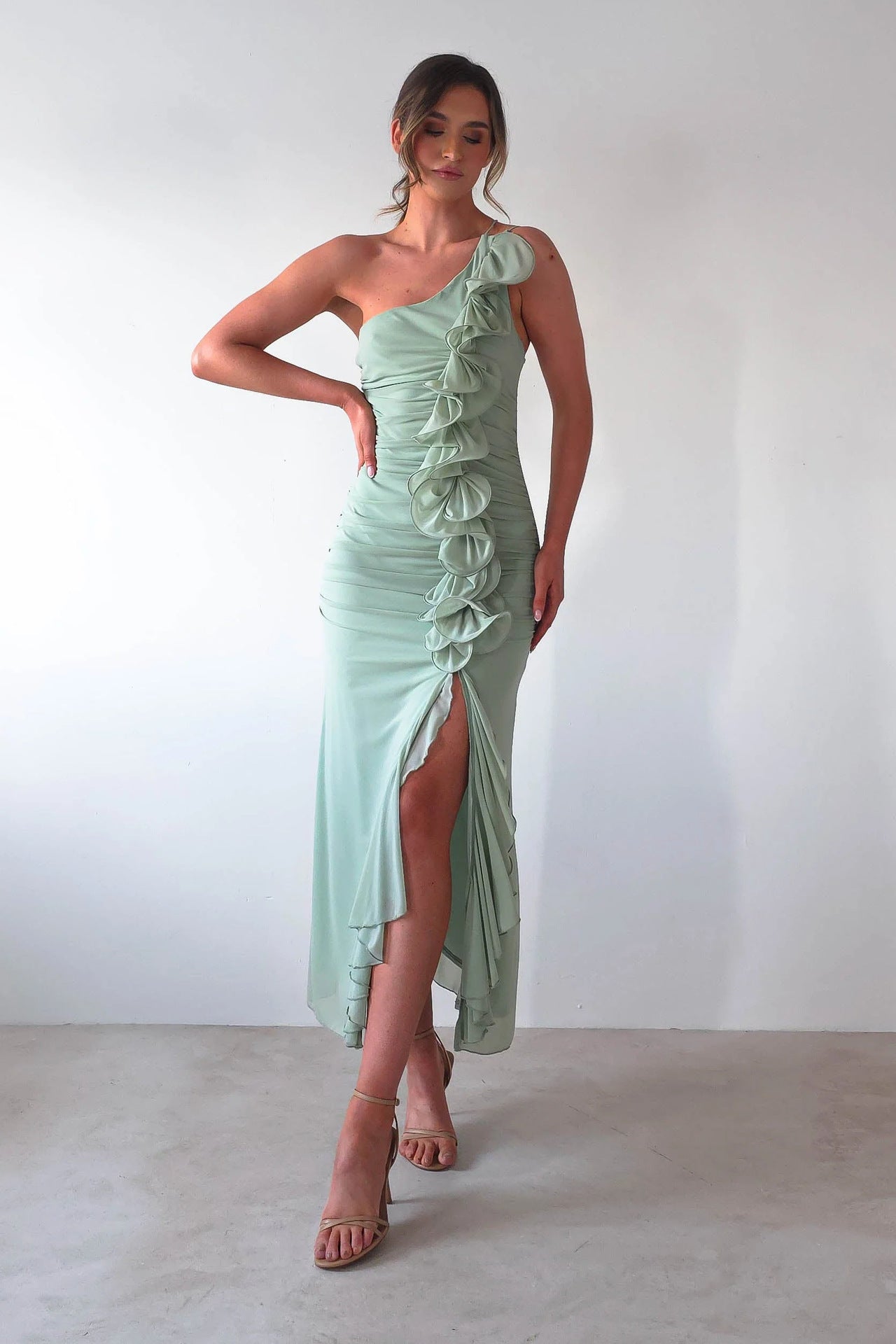 Womens One Shoulder Pleated Bodycon Dress | High Slit Ruched Midi Dress | noémi