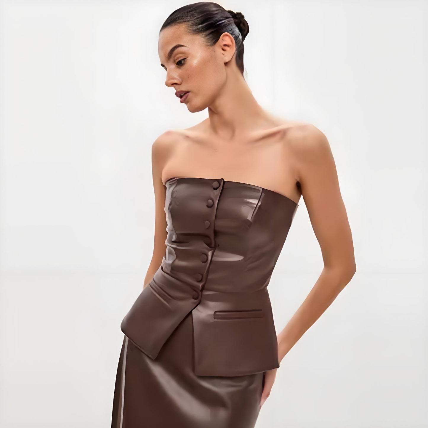 Faux Leather | Single Breasted | Strapless Tube Top | Cropped Vest | noémi