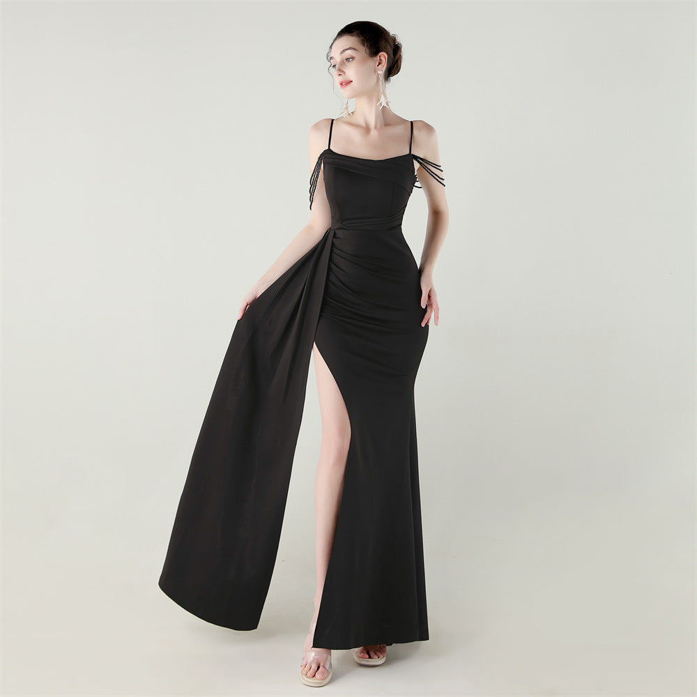 Satin Beaded Fishtail Dress | Spaghetti Straps, Thigh Slit | noémi