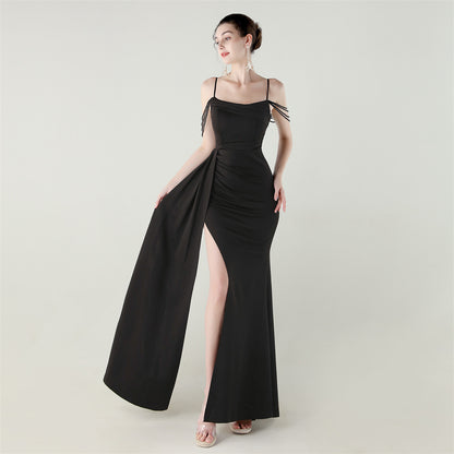 Satin Beaded Fishtail Dress | Spaghetti Straps, Thigh Slit | noémi