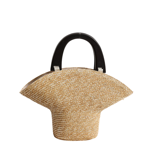Wooden‑Handle Straw Hat Bag – Portable Beach Tote, Natural | noémi