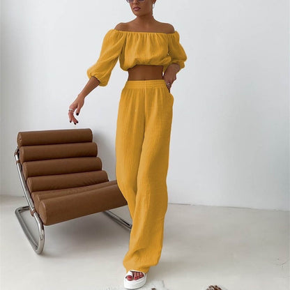 Womens Two Piece Cotton Chambray Set | Off Shoulder Top High Waist Wide Leg Pants | noémi