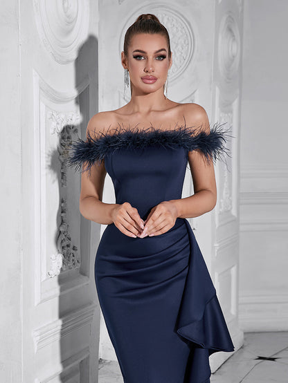 Womens Off Shoulder Ruffled Maxi Dress | Slim Fit, Feather Trim Detail | noémi