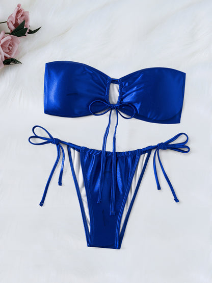 Blue Lace Up Split Two Piece Bikini Set with Tube Top | noémi