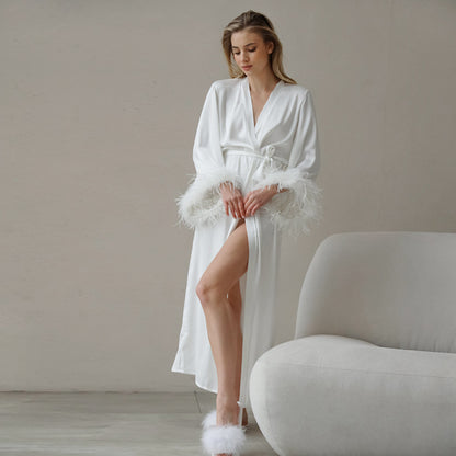 White Satin Feather Trim Robe | Bridal Lounge Robe, Belted Kimono Style | noémi