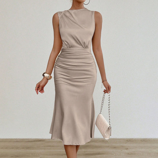 Women's Satin Midi Dress | Sleeveless, Ruched Waist, Elegant Bodycon Slip | noémi