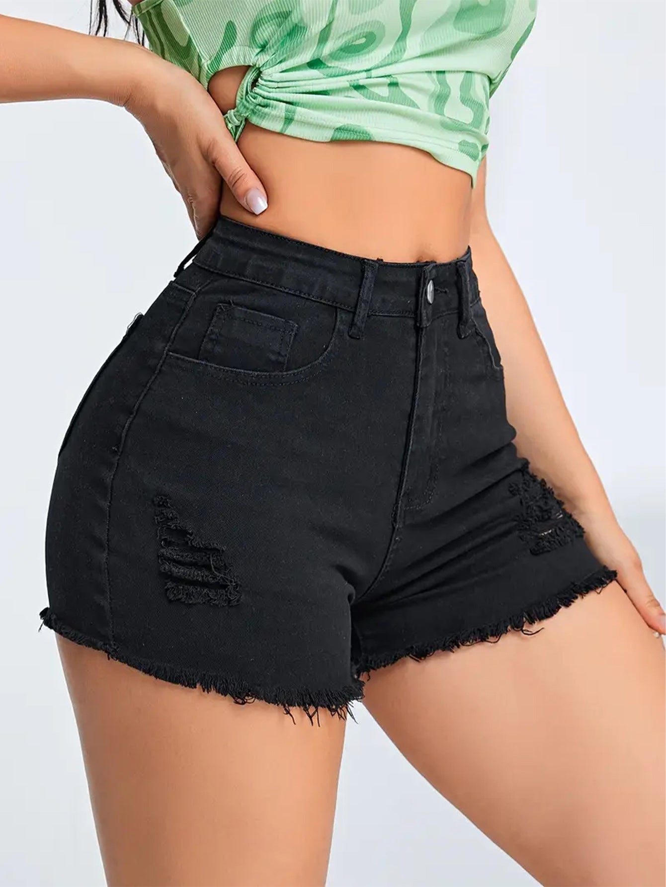 Black Ripped Denim Shorts |  Figure Flattering, Multi Craft Detail | noémi