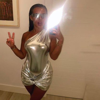 Womens Metallic One Shoulder Top Skirt Set | Coated Fabric Two Piece Outfit | noémi