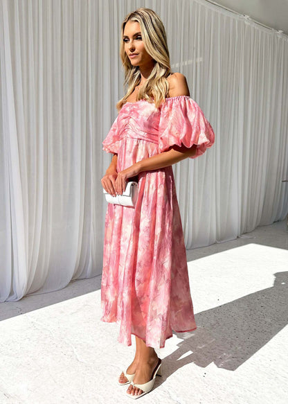 Womens Off Shoulder Floral Midi Dress with Mid Waist | noémi