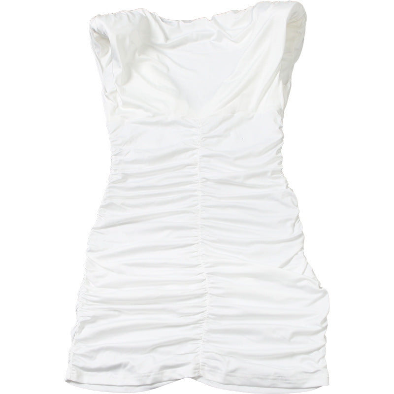 Womens VNeck Pleated Bodycon Dress | Slim Fit, Hip Accentuating, Solid Color | noémi `