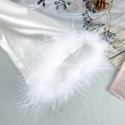 White Satin Feather Trim Robe | Bridal Lounge Robe, Belted Kimono Style | noémi