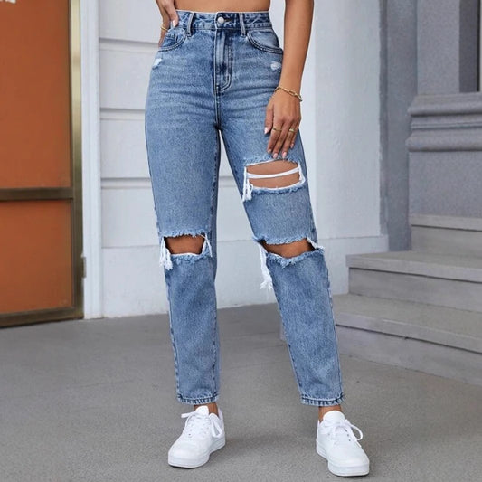 High Waisted Straight Leg Jeans | Light Wash Distressed Denim with Knee Cutouts & Vintage Fit | noémi