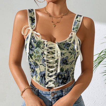 Printed Lace Up Corset Top | Floral Wide Strap Vest | noémi