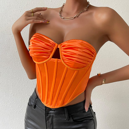 Orange Corset Top | Slim Fit, Hollow Out, Pleated & Boning Vest | noémi