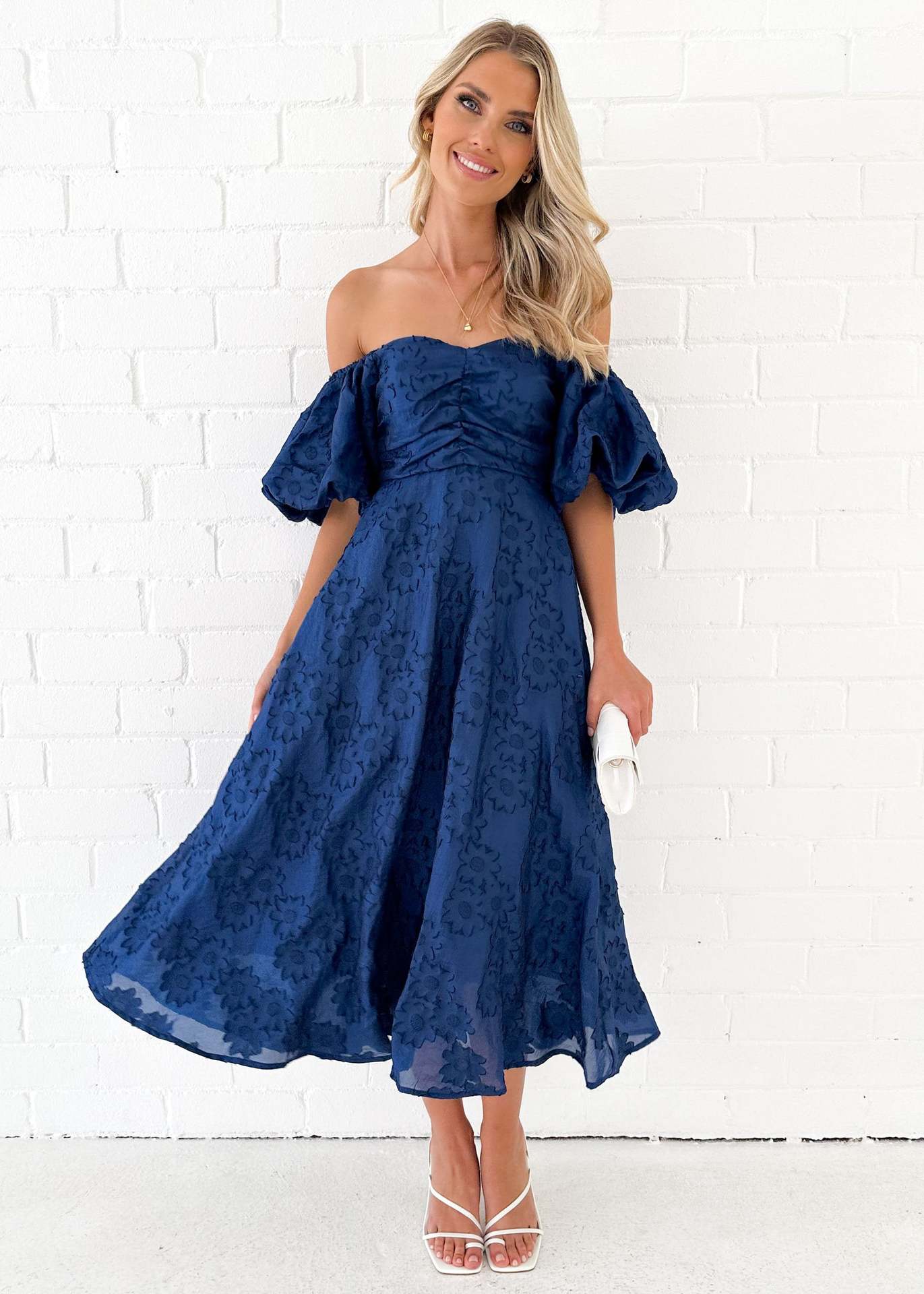 Womens Off Shoulder Floral Midi Dress with Mid Waist | noémi