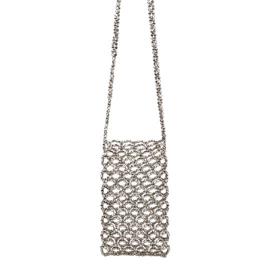 Silver Electroplated Acrylic Phone Cross‑Body Bag – Hand‑Woven Beads & Cut‑Out Design | noémi