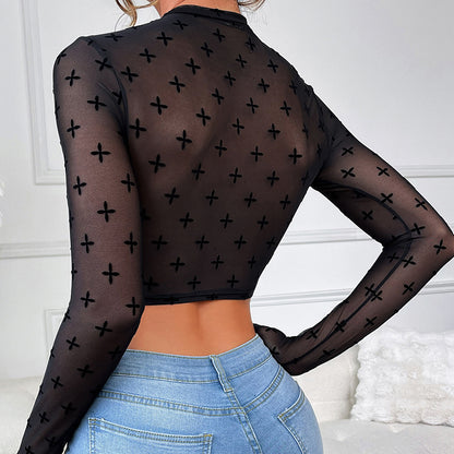 Sheer Mesh Slim Fit Long Sleeve Transparent Top | noémi