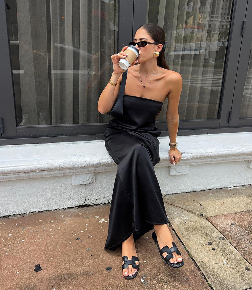 Black Satin Tube Top Dress | High Waist Loose Fit | noémi