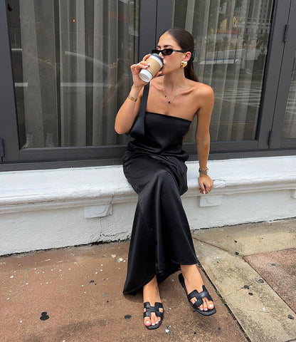 Black Satin Tube Top Dress | High Waist Loose Fit | noémi