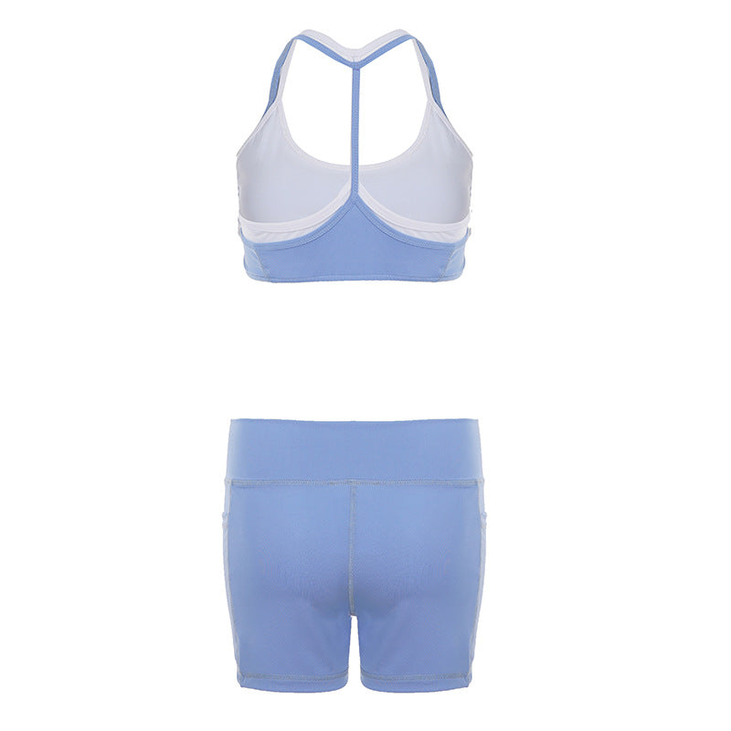 Faux Two Piece Contrast Sports Set | Womens V Waist Shorts & Racerback Bra | noémi