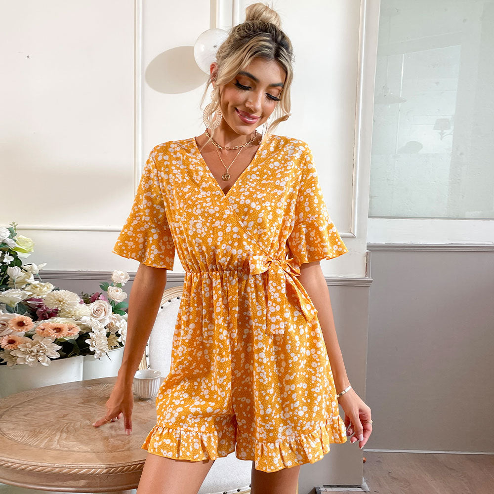 Women’s V Neck Bell Sleeve Romper | Floral LaceUp, One Piece | noémi