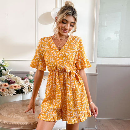 Women’s V Neck Bell Sleeve Romper | Floral LaceUp, One Piece | noémi