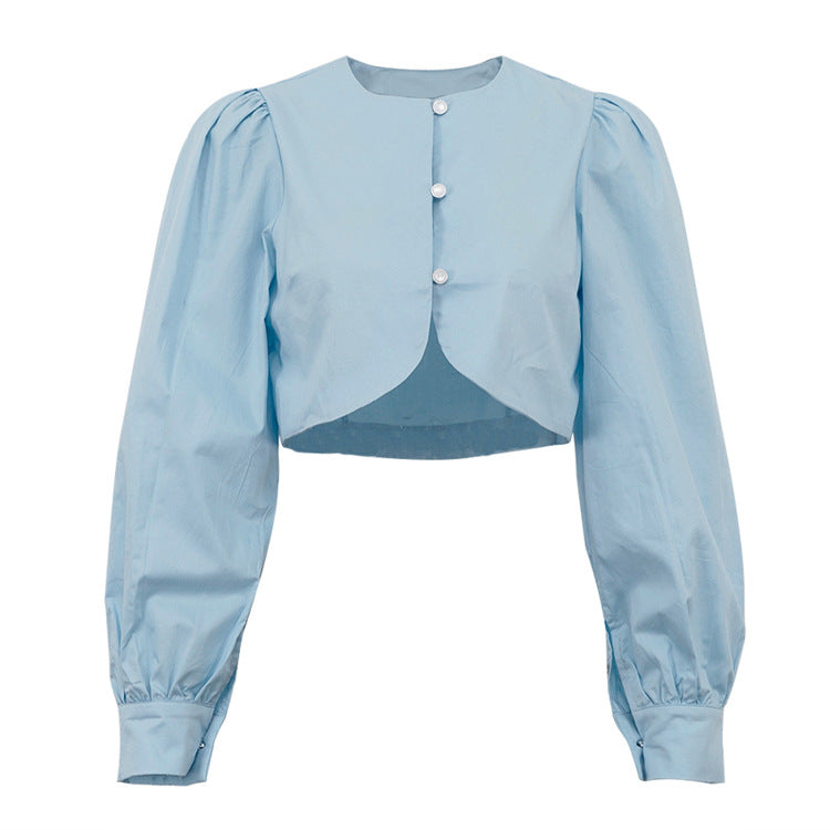 Cotton Cropped Cardigan | Puff Sleeve, Round Neck, Button Front Top for Women | noémi