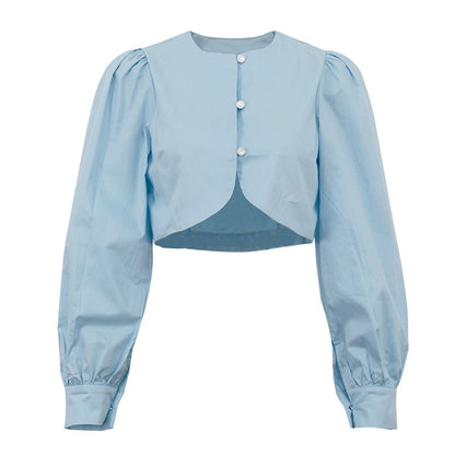 Cotton Cropped Cardigan | Puff Sleeve, Round Neck, Button Front Top for Women | noémi