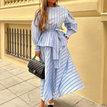 Womens Striped Two Piece Skirt Set | Long Sleeve Round Neck Pullover Top with Tie Waist | noémi