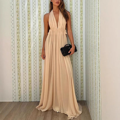 Summer Deep V Neck, Pleated Halter, Backless | Long Formal Gown | noémi